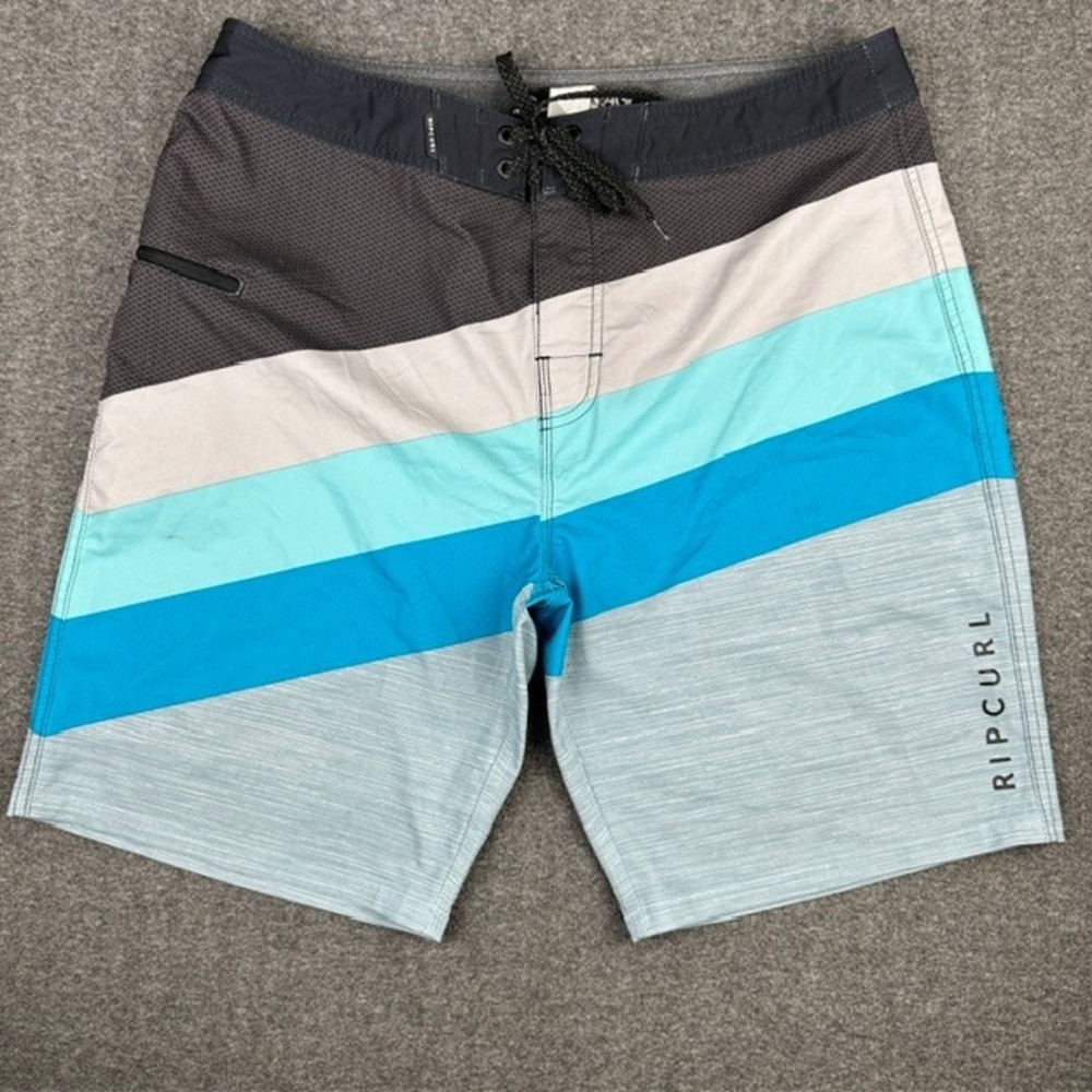 Rip Curl Mirage Board Shorts Mens 34 Blue Grey Striped Surf Trunks Zipper Pocket